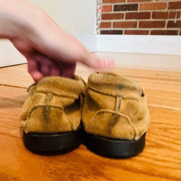 Minnetonka Thunderbird Suede Moccasins Womens 9 Chestnut Tan Boat Hard Sole - Picture 5 of 11